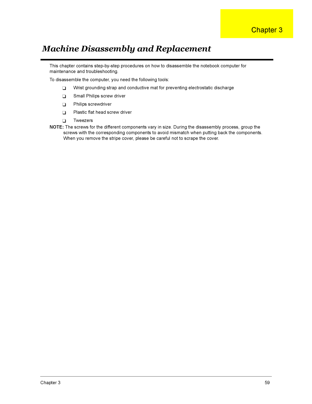 Acer 4270, 5670, 4670 manual Machine Disassembly and Replacement 