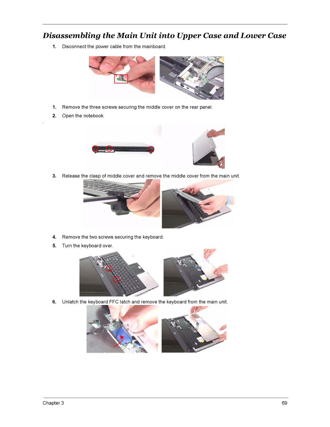 Acer 5670, 4270, 4670 manual Disassembling the Main Unit into Upper Case and Lower Case 