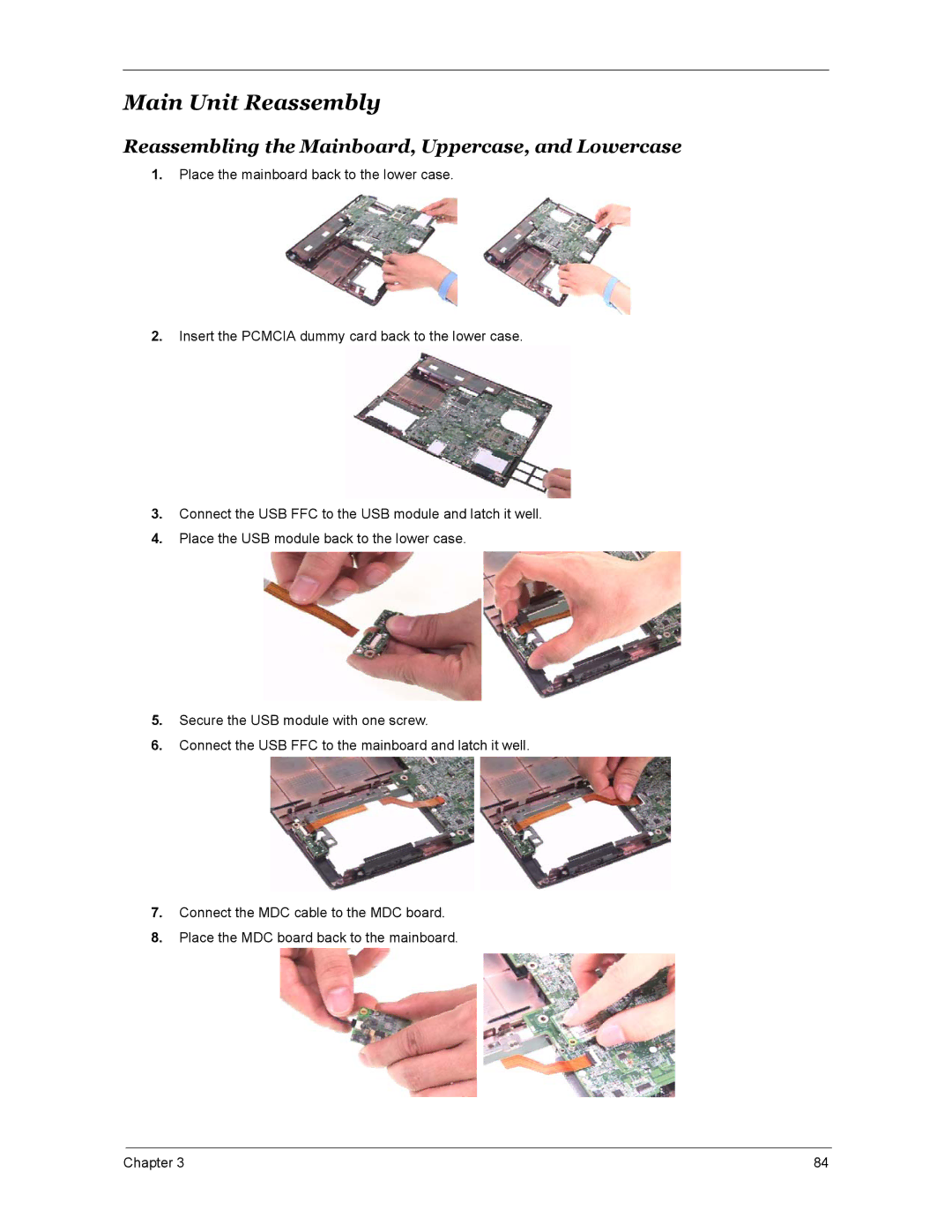 Acer 5670, 4270, 4670 manual Main Unit Reassembly, Reassembling the Mainboard, Uppercase, and Lowercase 