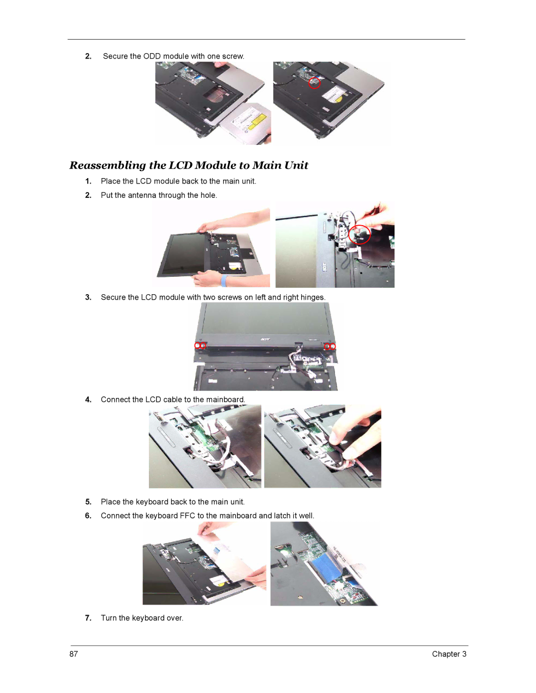 Acer 5670, 4270, 4670 manual Reassembling the LCD Module to Main Unit 