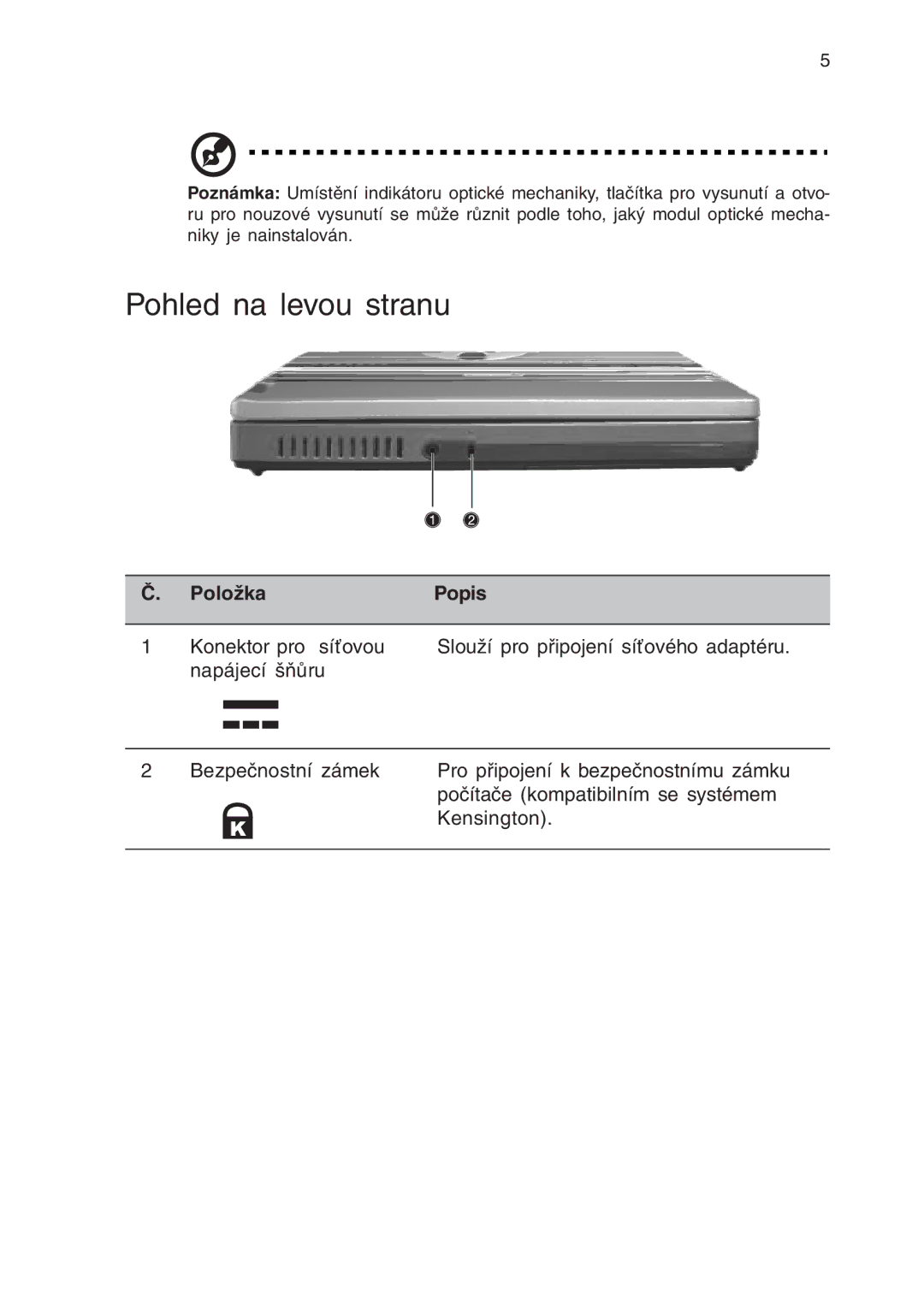 Acer 430 manual Pohled na levou stranu, Kensington 