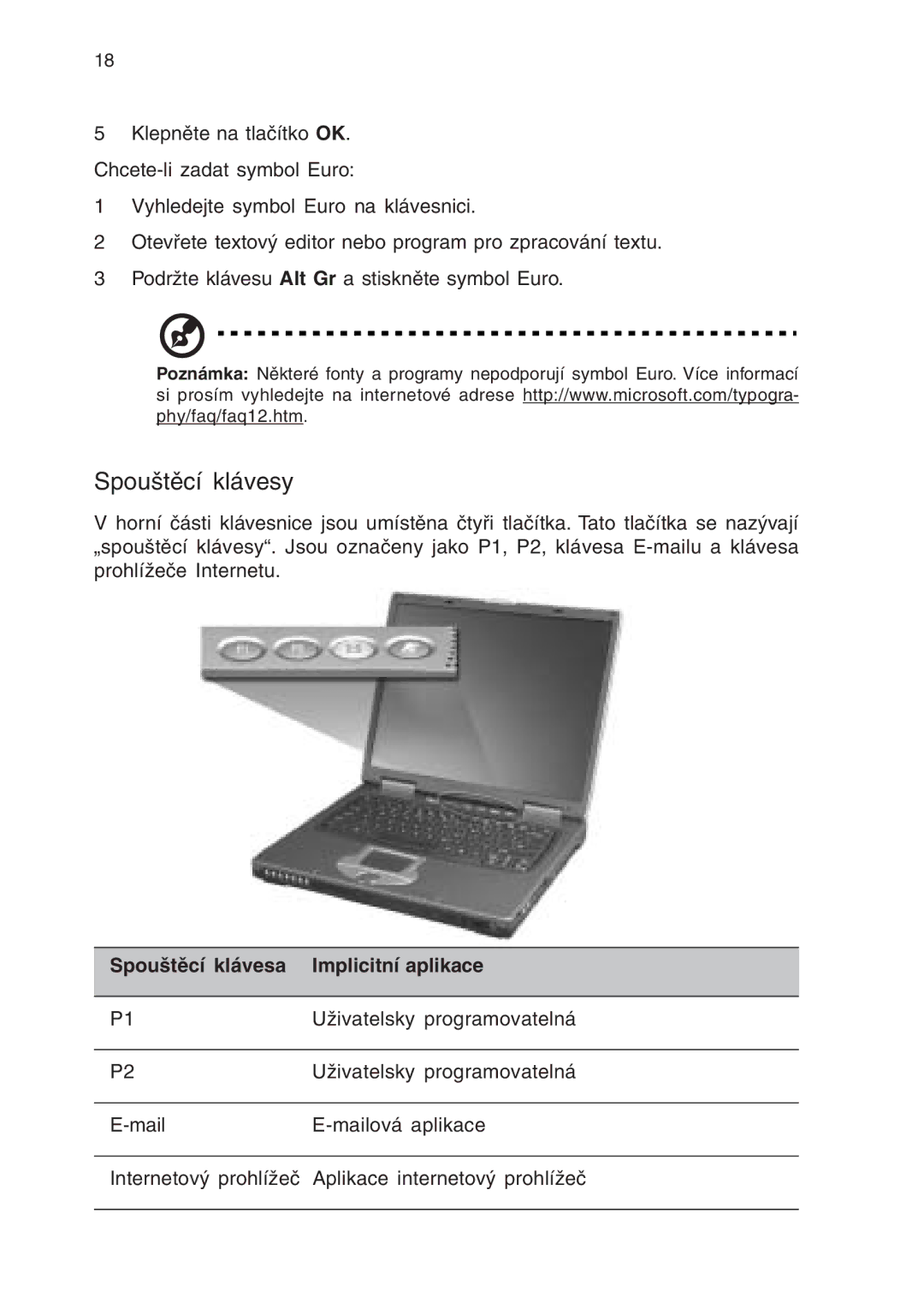 Acer 430 manual Spouštěcí klávesy, Spouštěcí klávesa Implicitní aplikace 