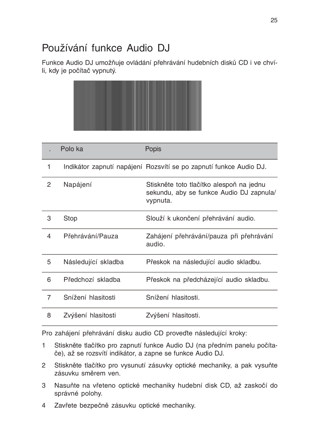 Acer 430 manual Používání funkce Audio DJ, Položka Popis 