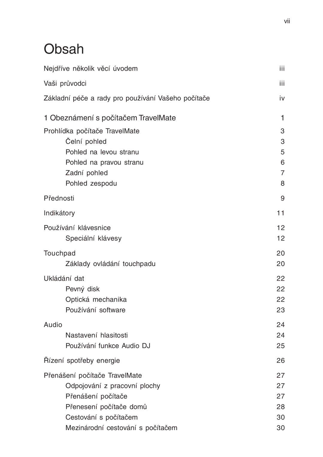 Acer 430 manual Obsah, Obeznámení s počítačem TravelMate 