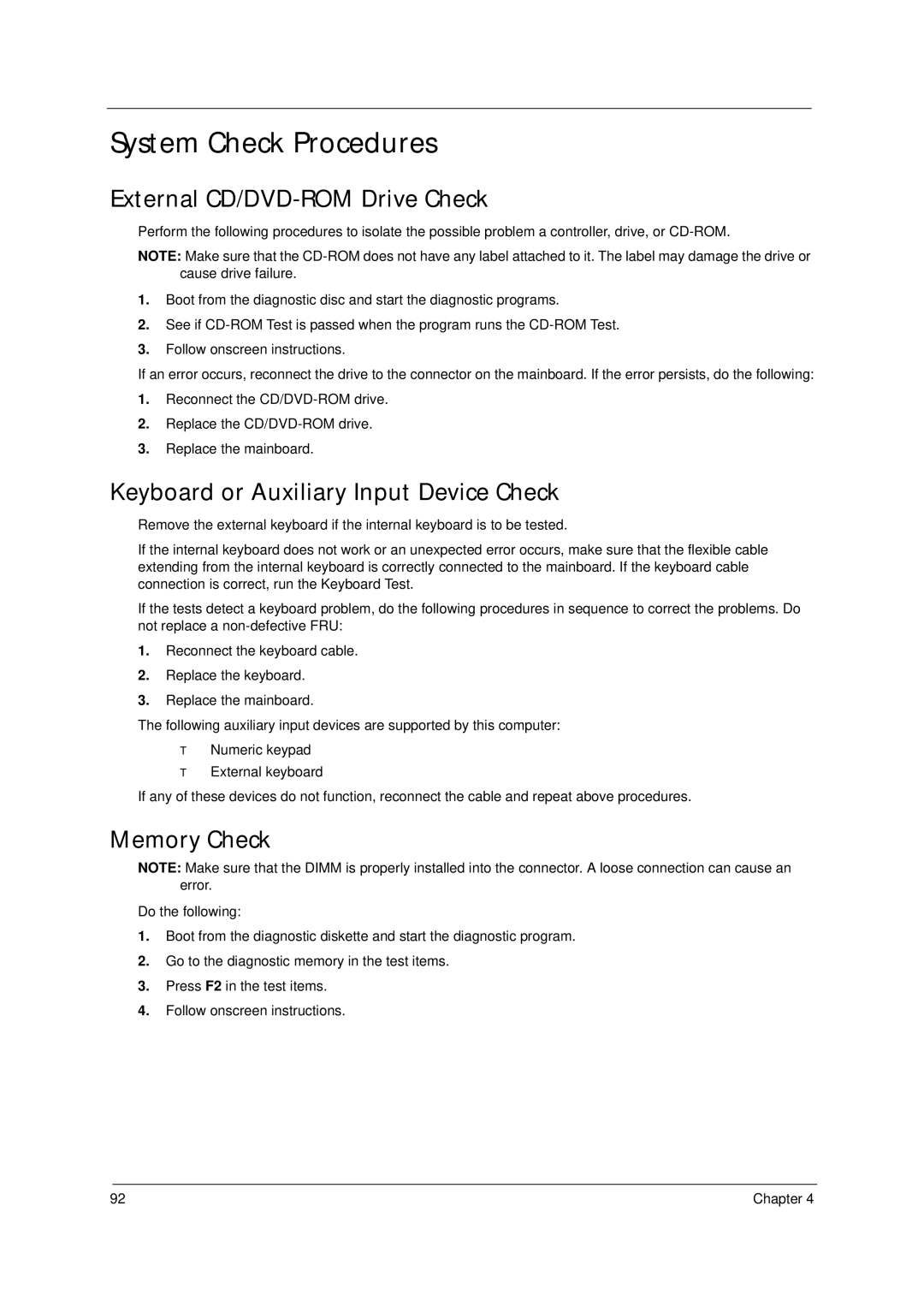 Acer 4310 System Check Procedures, External CD/DVD-ROM Drive Check, Keyboard or Auxiliary Input Device Check, Memory Check 