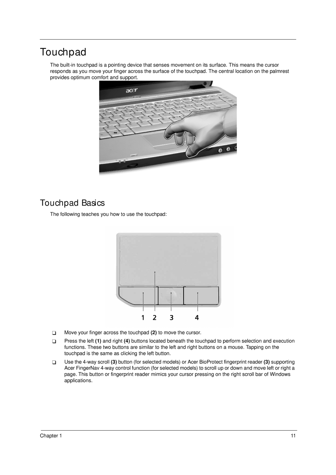 Acer 4310 manual Touchpad Basics 