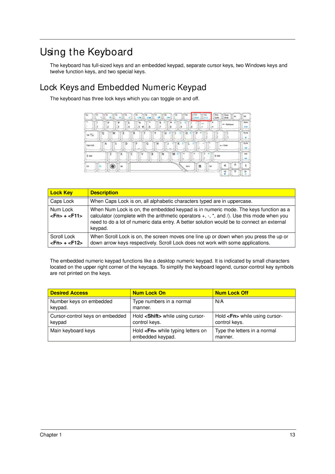 Acer 4310 manual Using the Keyboard, Lock Keys and Embedded Numeric Keypad 