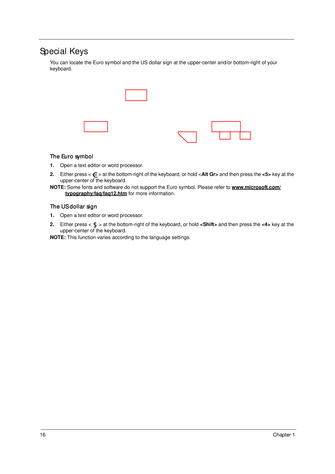 Acer 4310 manual Special Keys, Euro symbol 