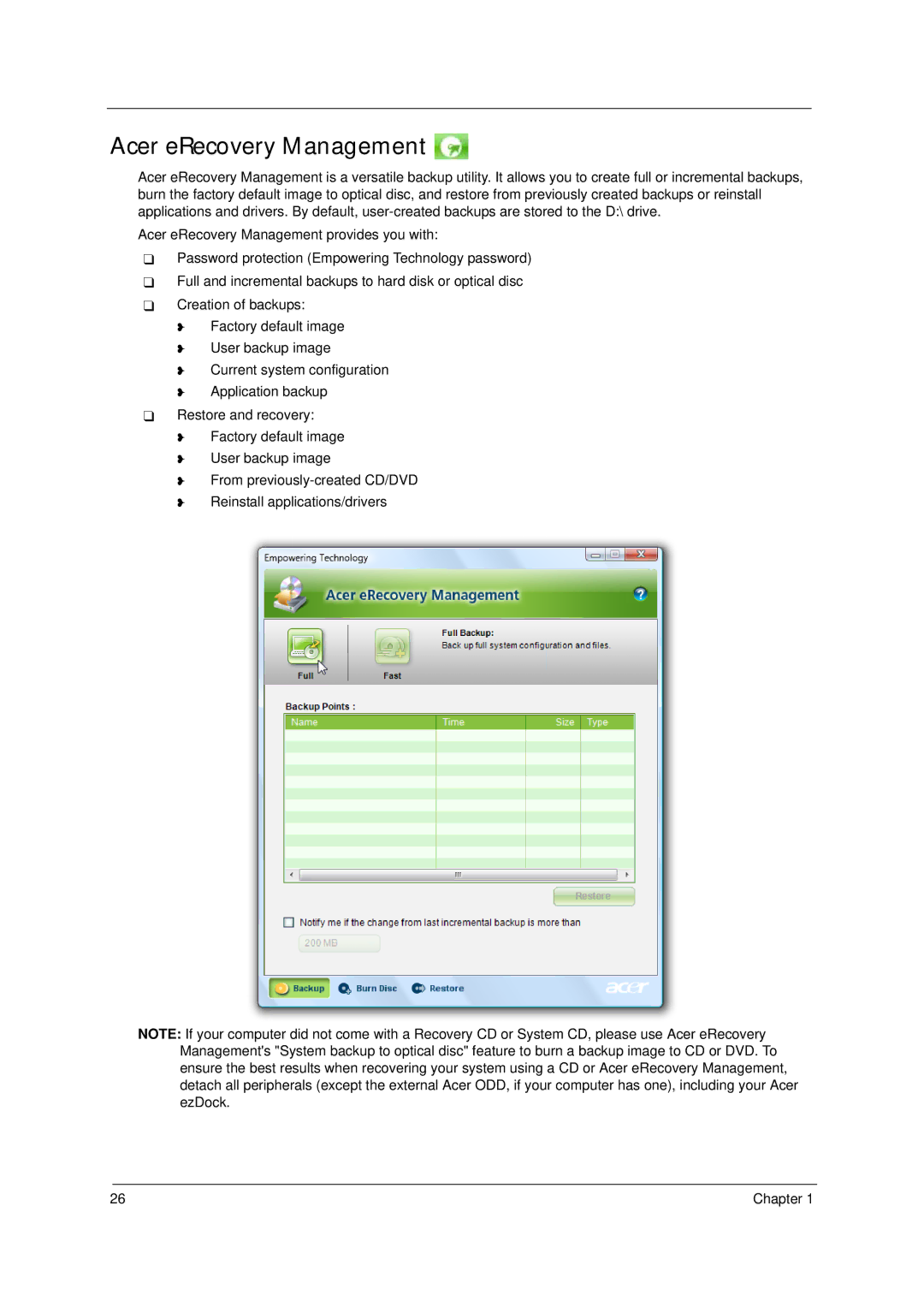 Acer 4310 manual Acer eRecovery Management 