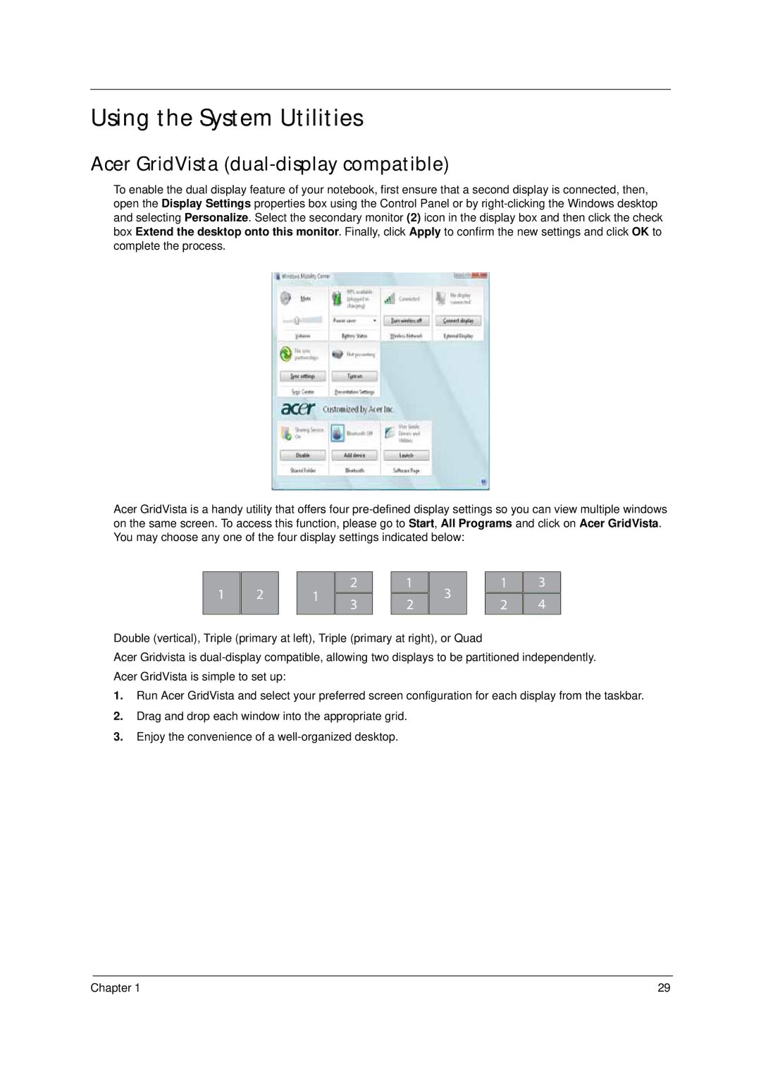 Acer 4310 manual Using the System Utilities, Acer GridVista dual-display compatible 