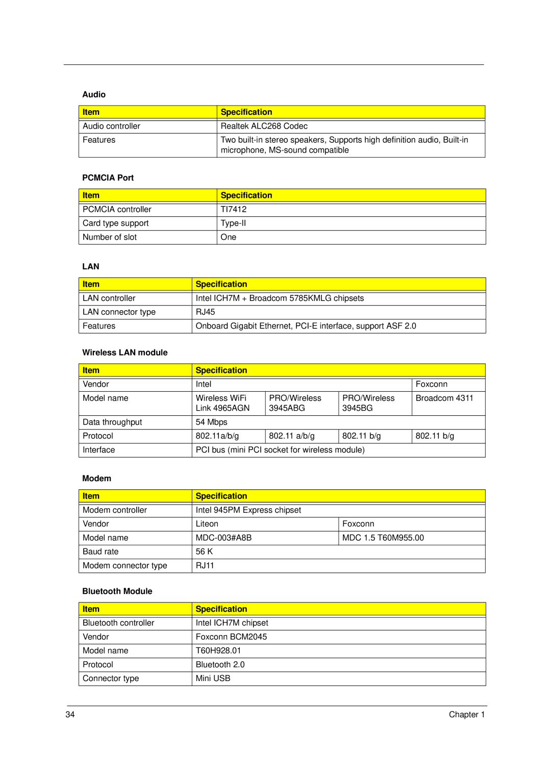 Acer 4310 manual Audio Specification, Pcmcia Port Specification, Wireless LAN module Specification, Modem Specification 