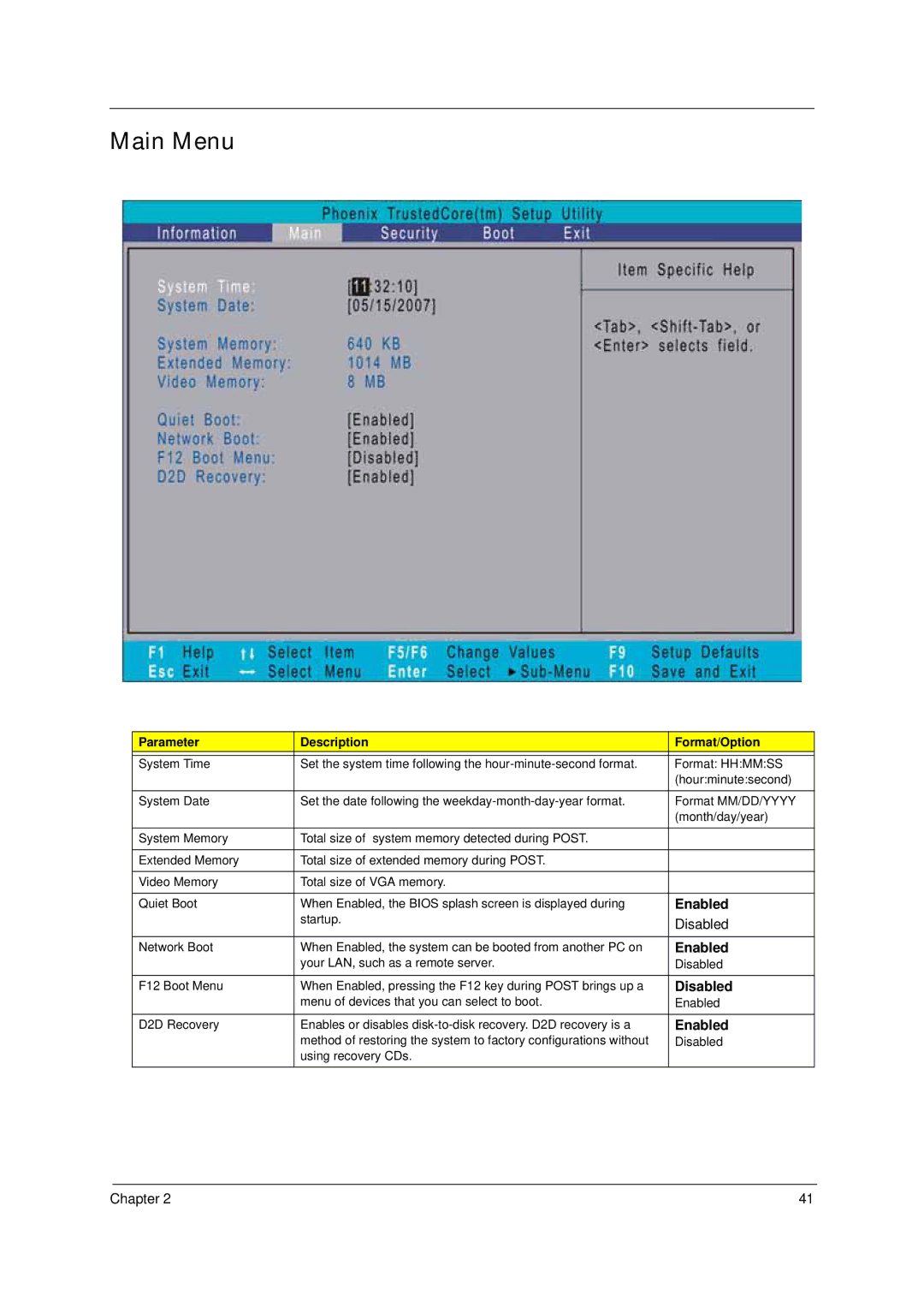 Acer 4310 manual Main Menu, Enabled, Disabled 