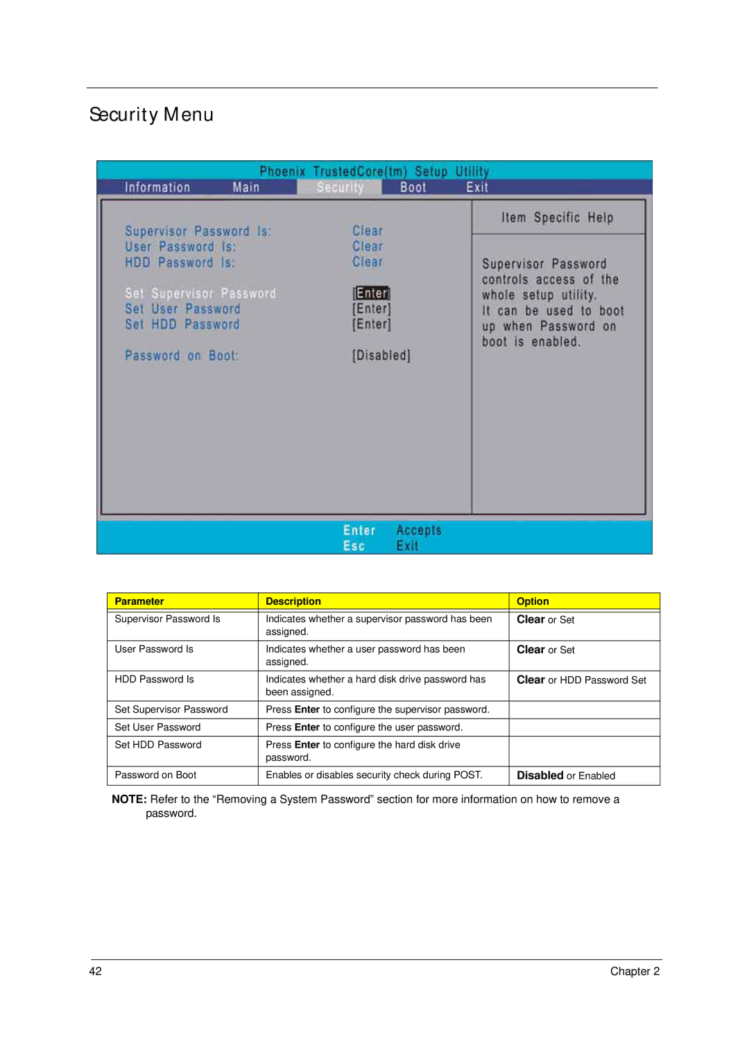 Acer 4310 manual Security Menu, Clear or Set 