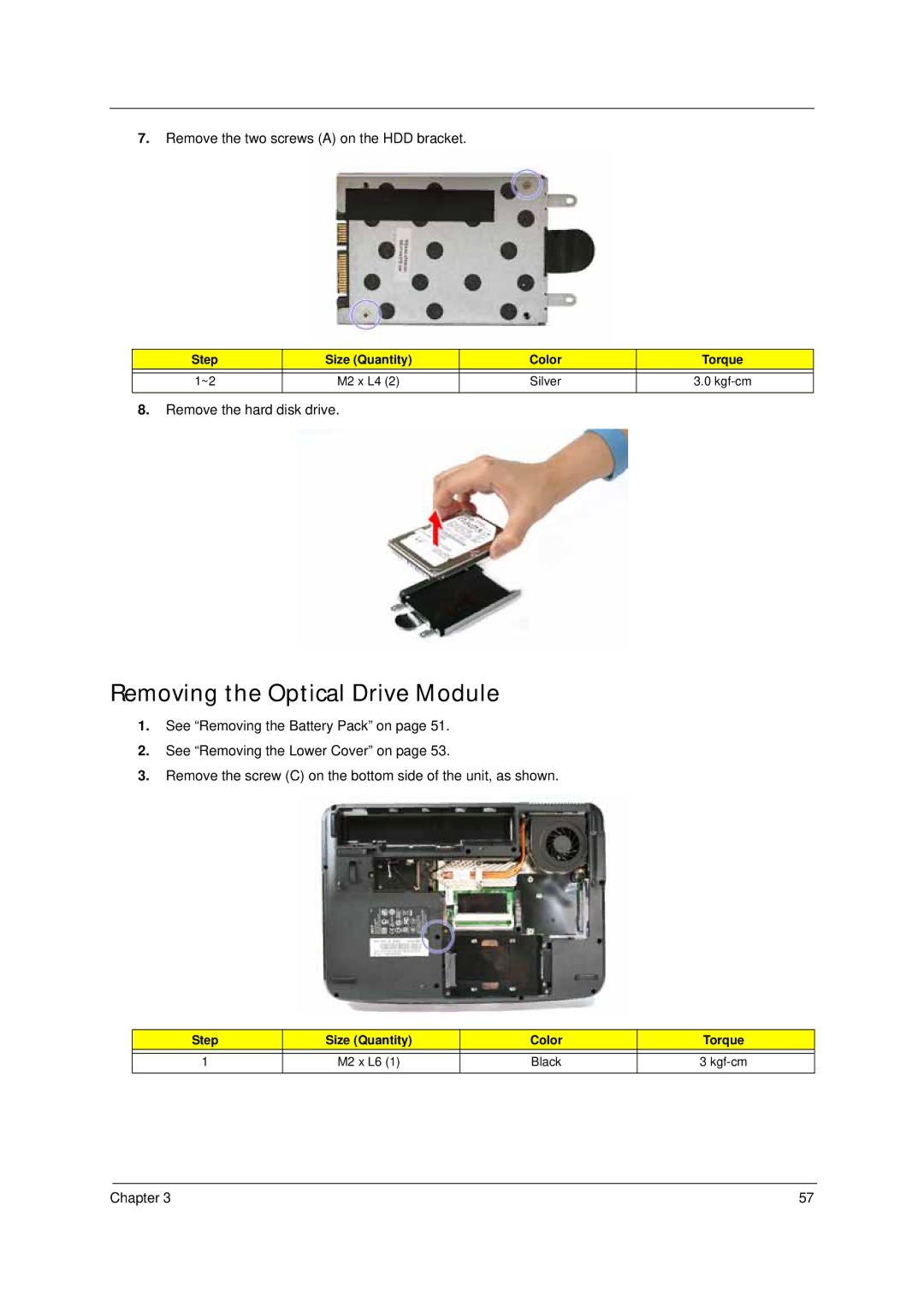 Acer 4310 manual Removing the Optical Drive Module 