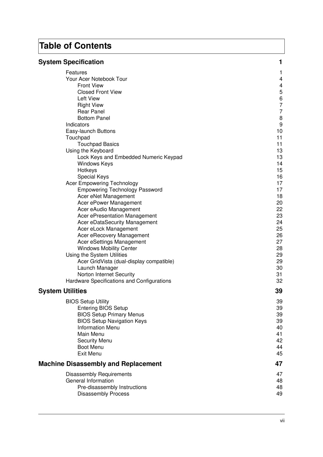 Acer 4310 manual Table of Contents 