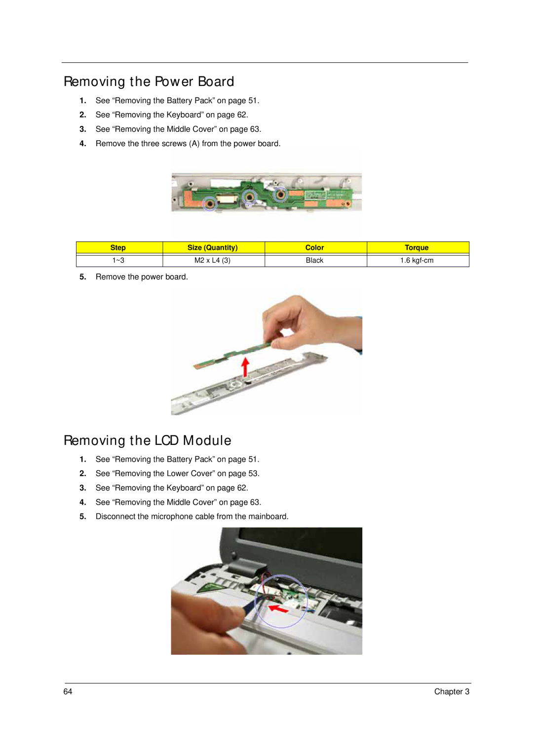 Acer 4310 manual Removing the Power Board, Removing the LCD Module 