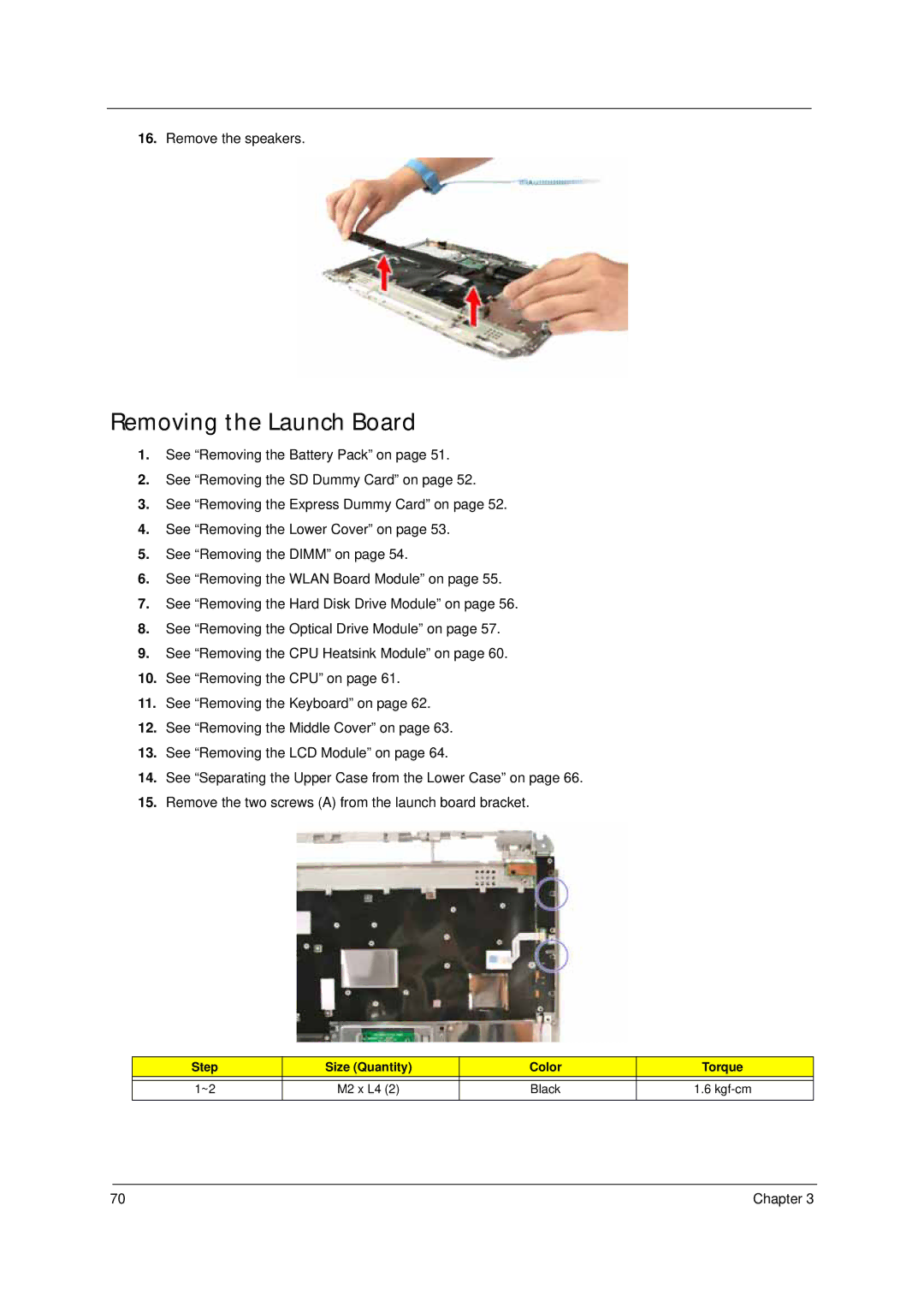 Acer 4310 manual Removing the Launch Board 