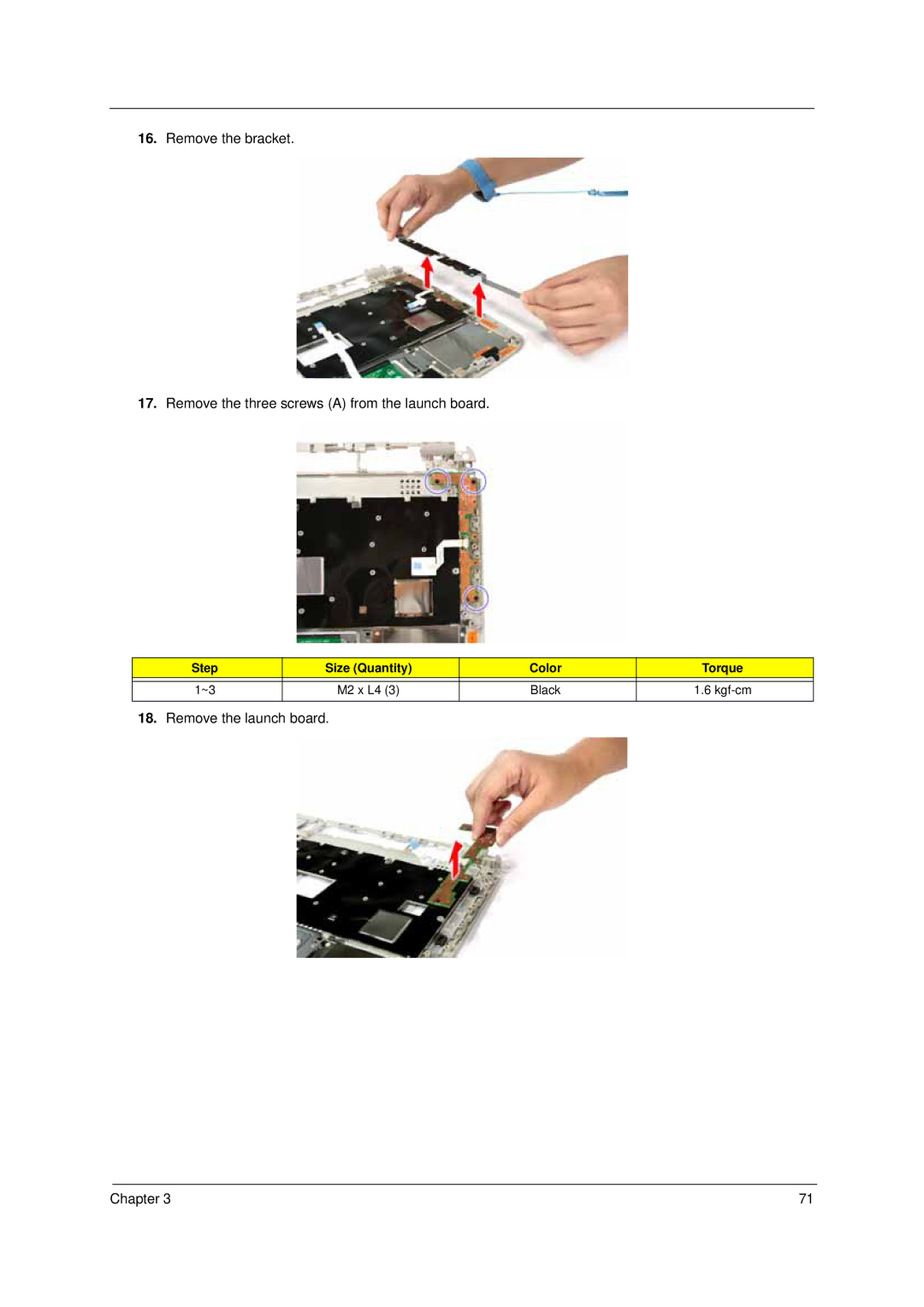 Acer 4310 manual Remove the launch board Chapter 