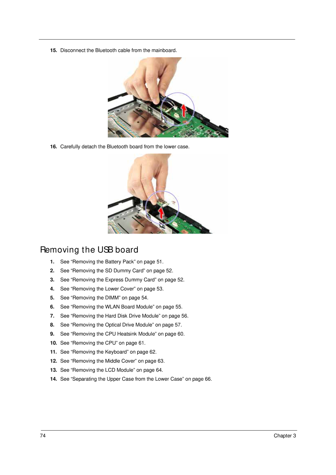 Acer 4310 manual Removing the USB board 