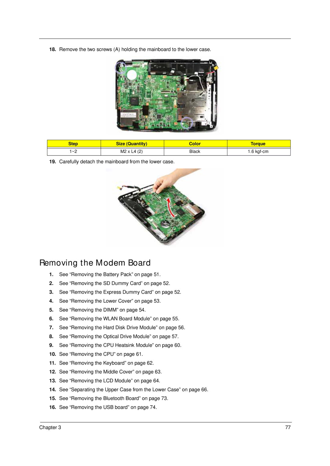 Acer 4310 manual Removing the Modem Board 