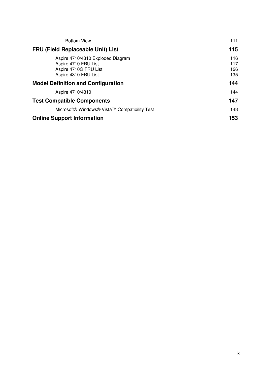 Acer 4310 manual Model Definition and Configuration 144 