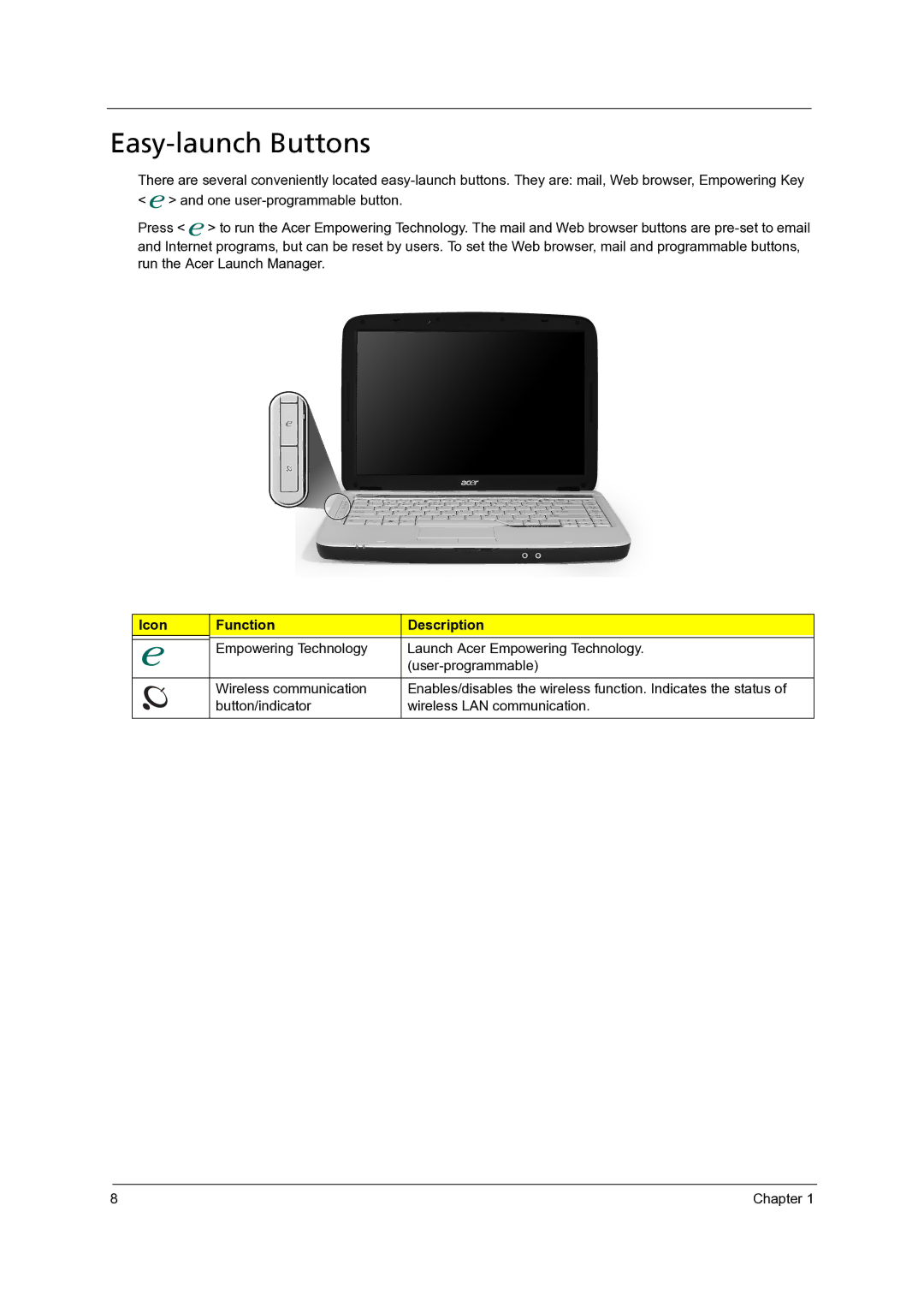 Acer 4315, 4715Z manual Easy-launch Buttons 