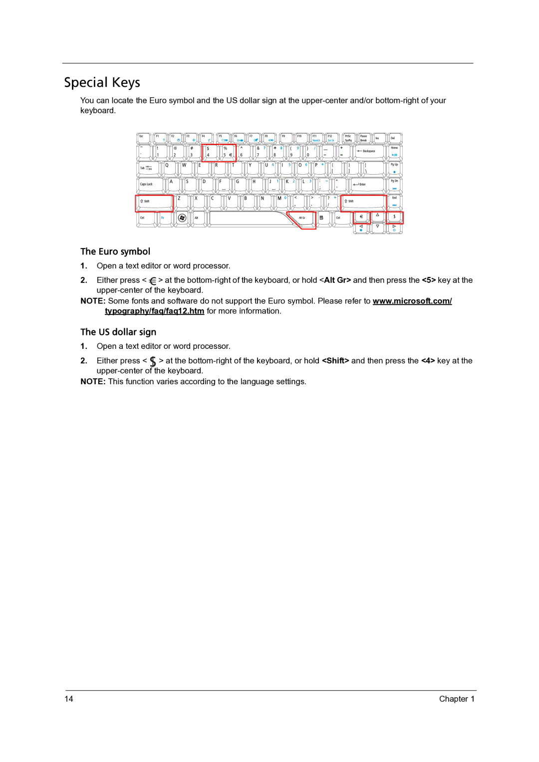 Acer 4315, 4715Z manual Special Keys, Euro symbol 