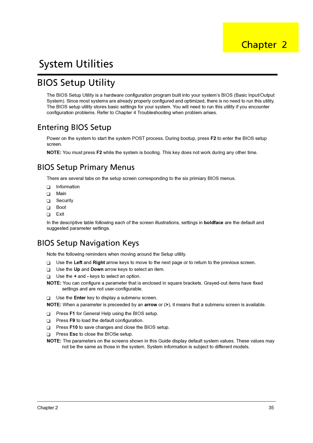 Acer 4715Z, 4315 manual Bios Setup Utility, Entering Bios Setup, Bios Setup Primary Menus, Bios Setup Navigation Keys 