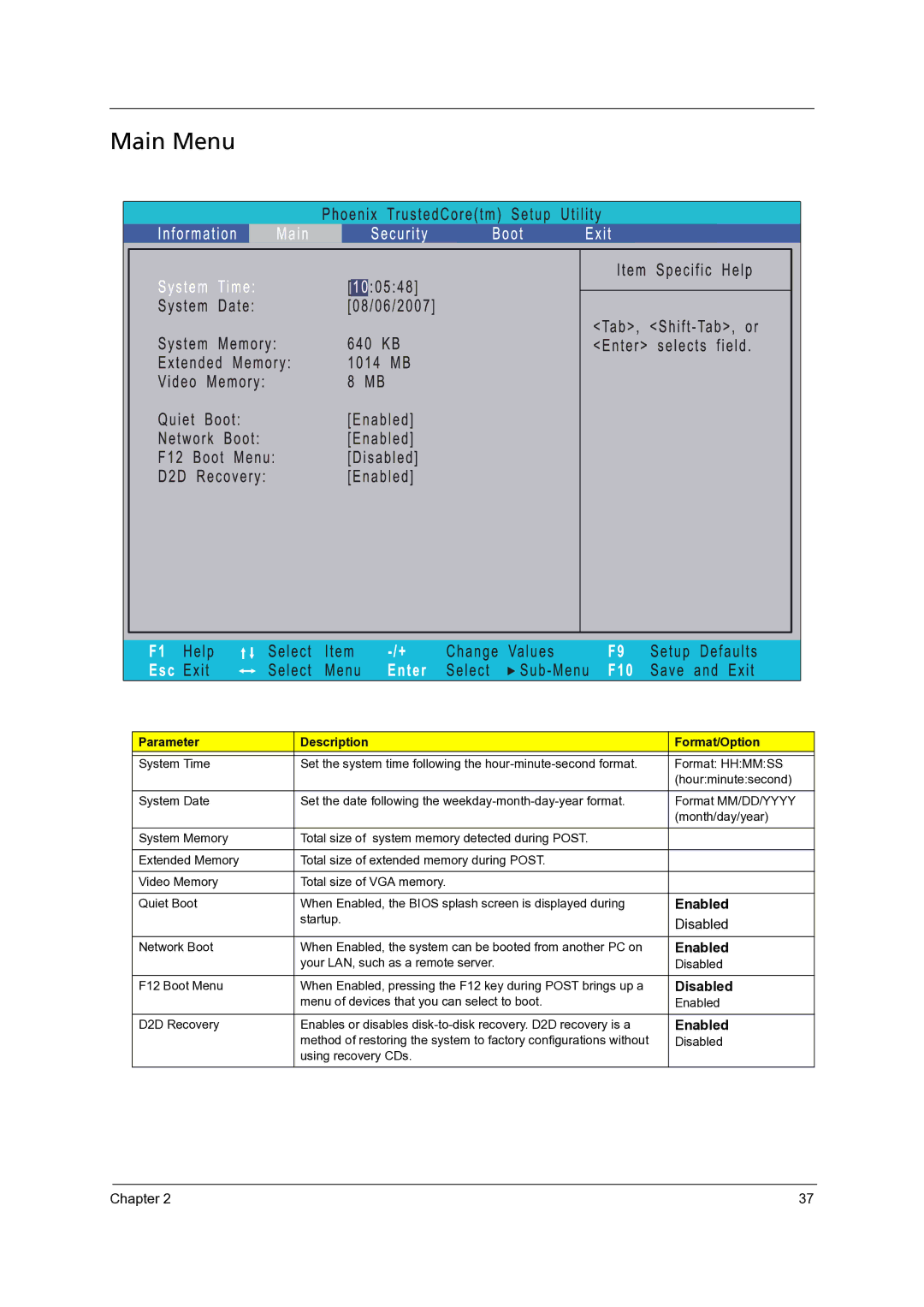 Acer 4715Z, 4315 manual Main Menu, Enabled, Disabled 