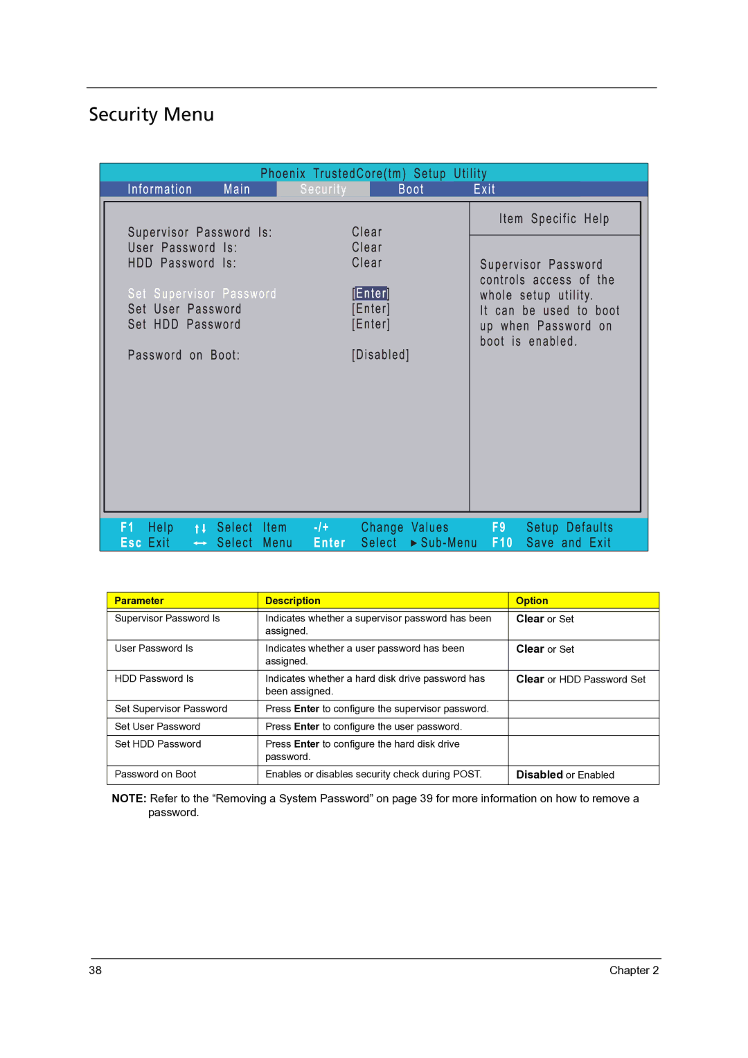 Acer 4315, 4715Z manual Security Menu, Clear or Set 