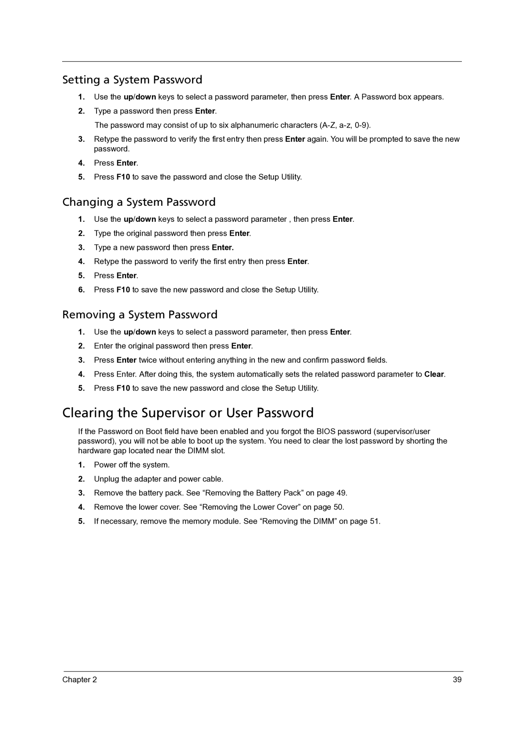 Acer 4715Z, 4315 manual Clearing the Supervisor or User Password, Setting a System Password 