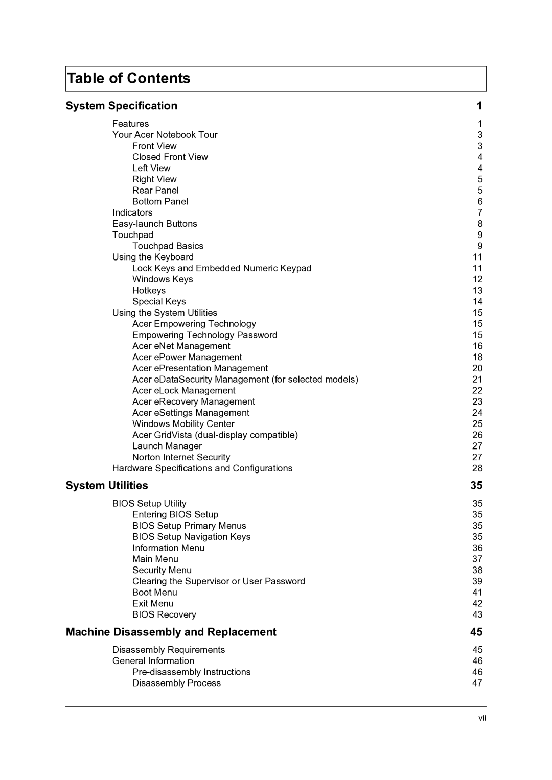 Acer 4715Z, 4315 manual Table of Contents 