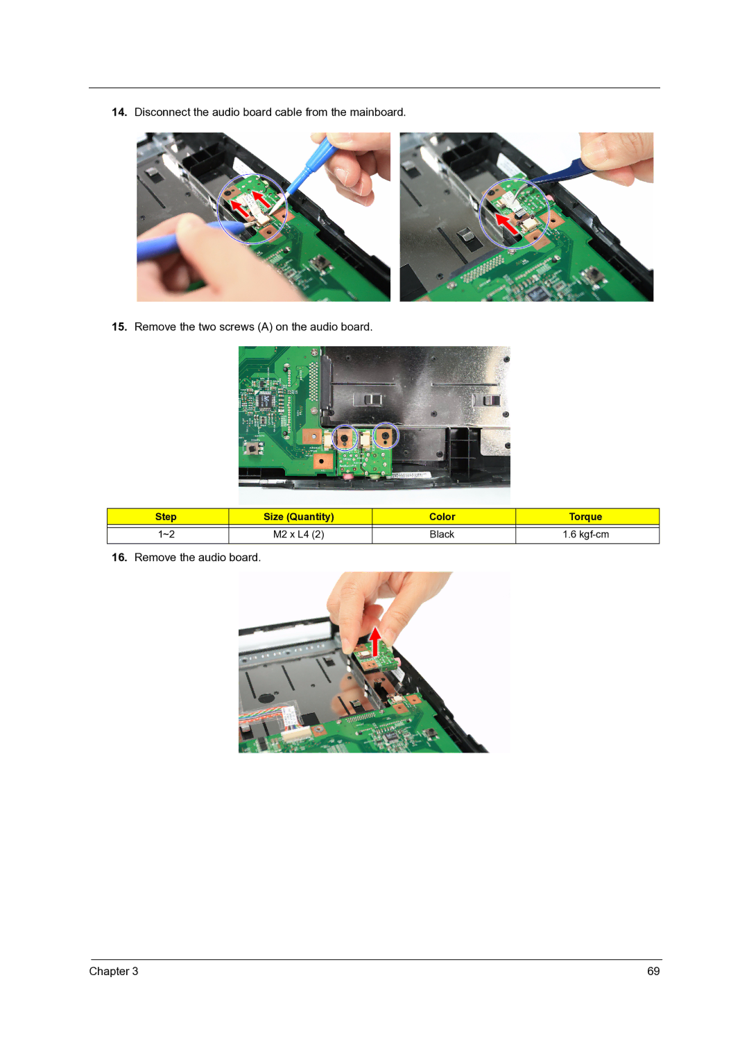 Acer 4715Z, 4315 manual Remove the audio board Chapter 