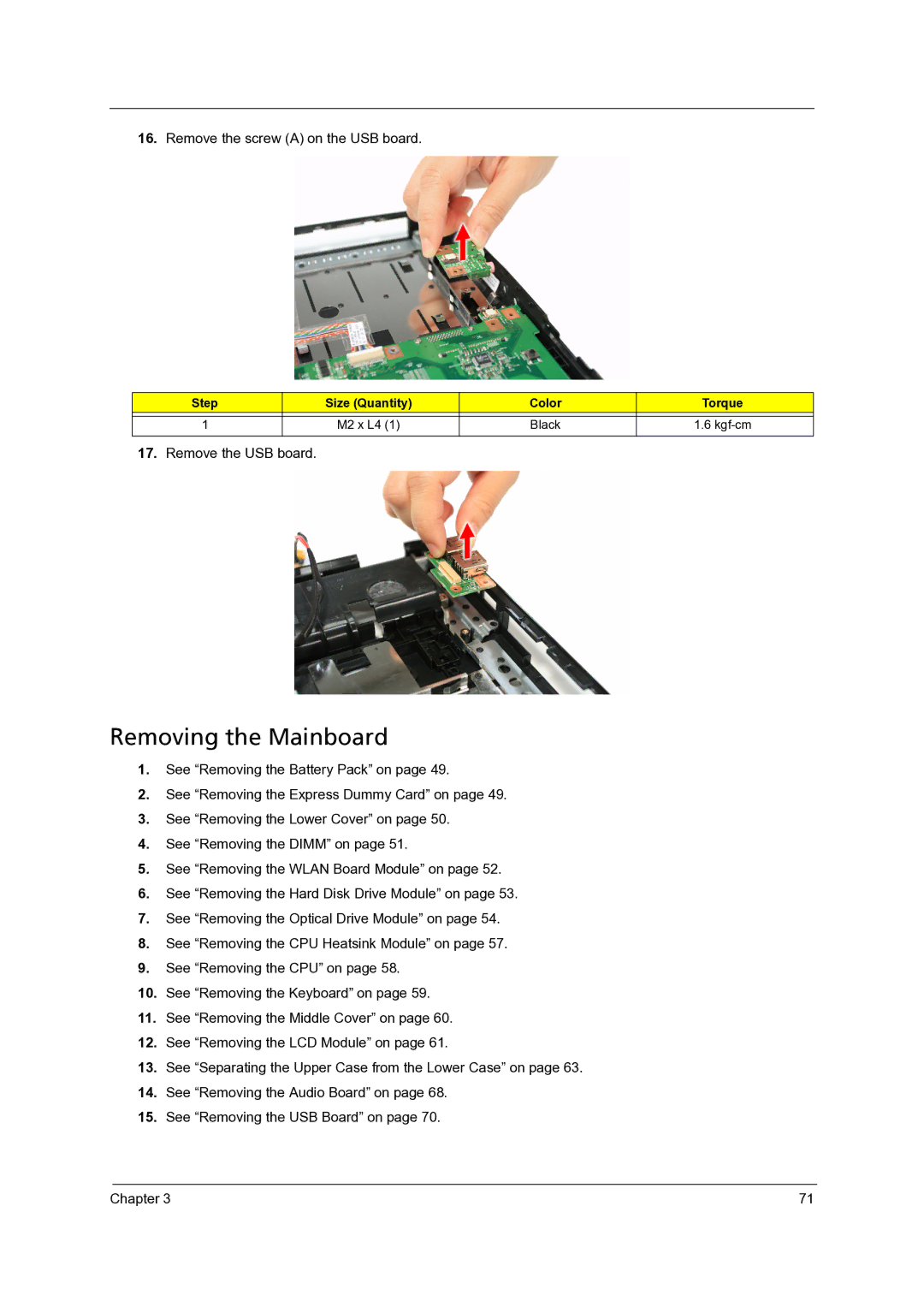 Acer 4715Z, 4315 manual Removing the Mainboard 