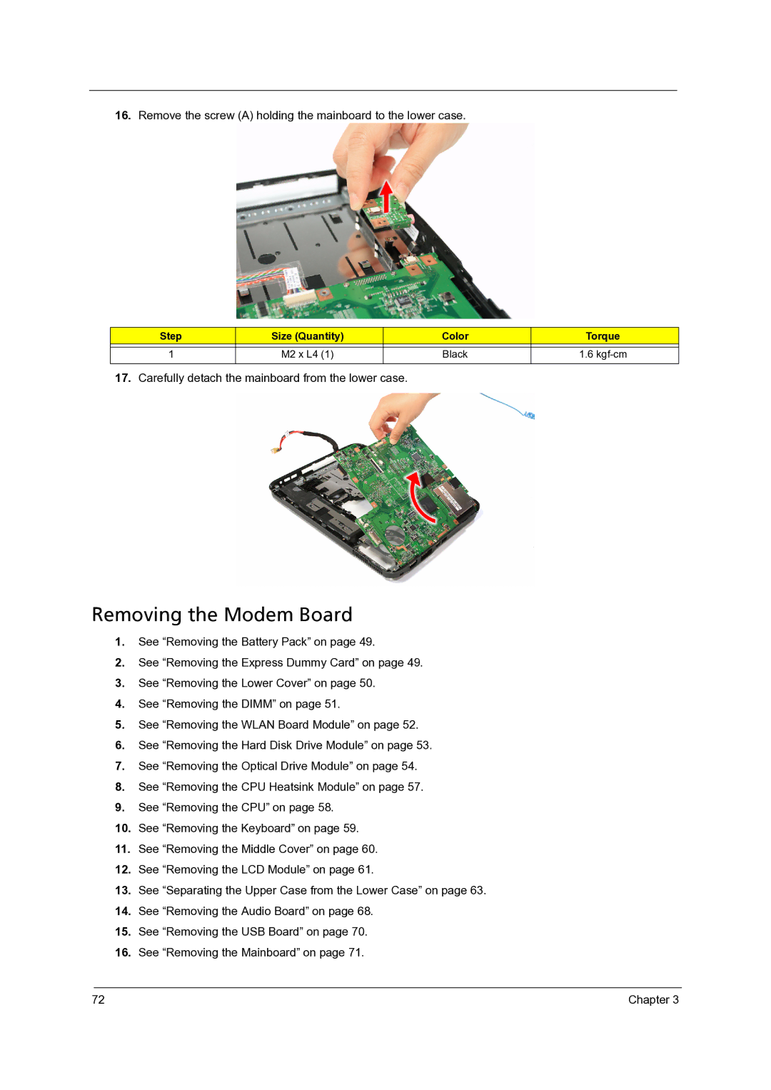 Acer 4315, 4715Z manual Removing the Modem Board 