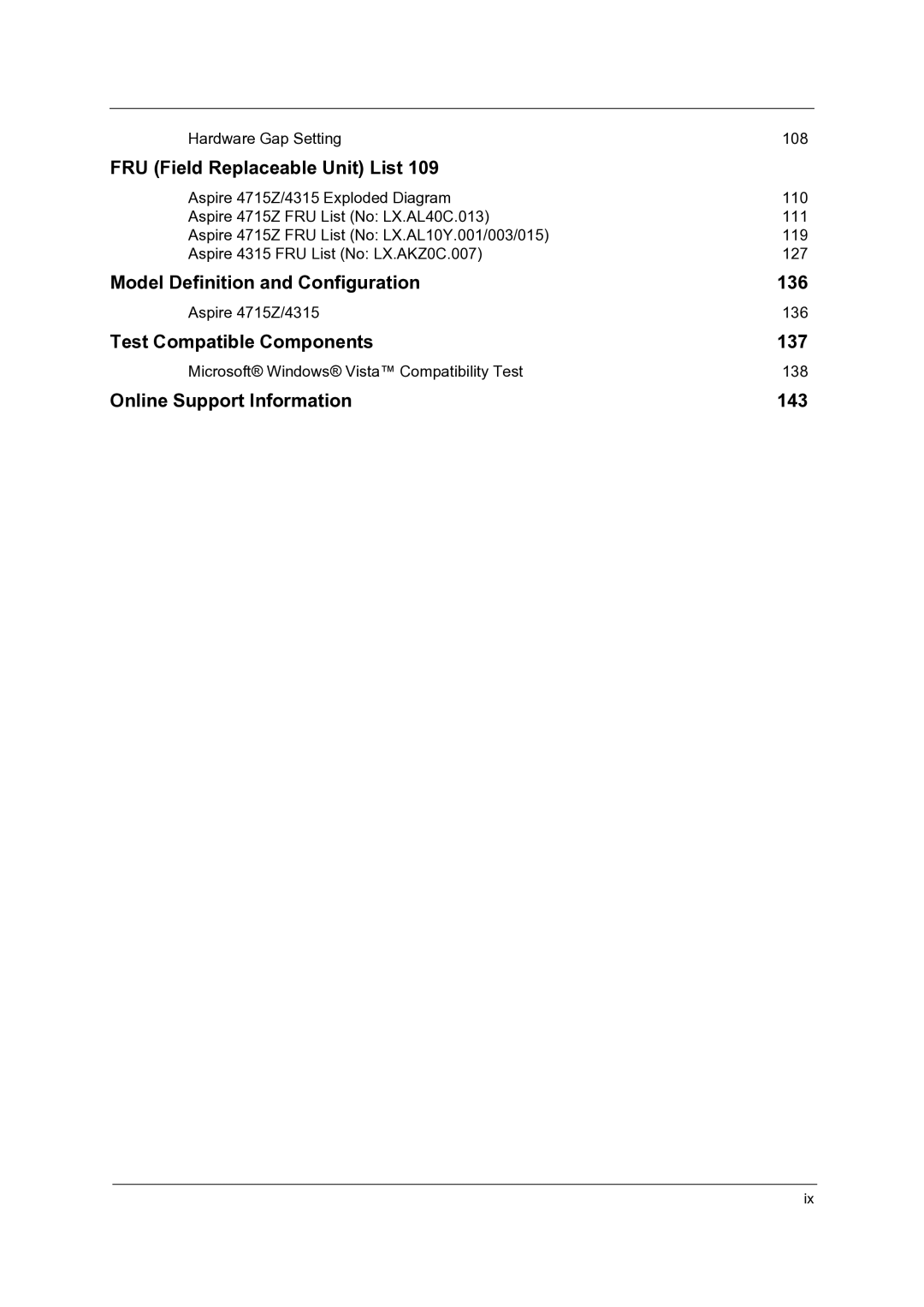 Acer 4715Z, 4315 manual Model Definition and Configuration 136 