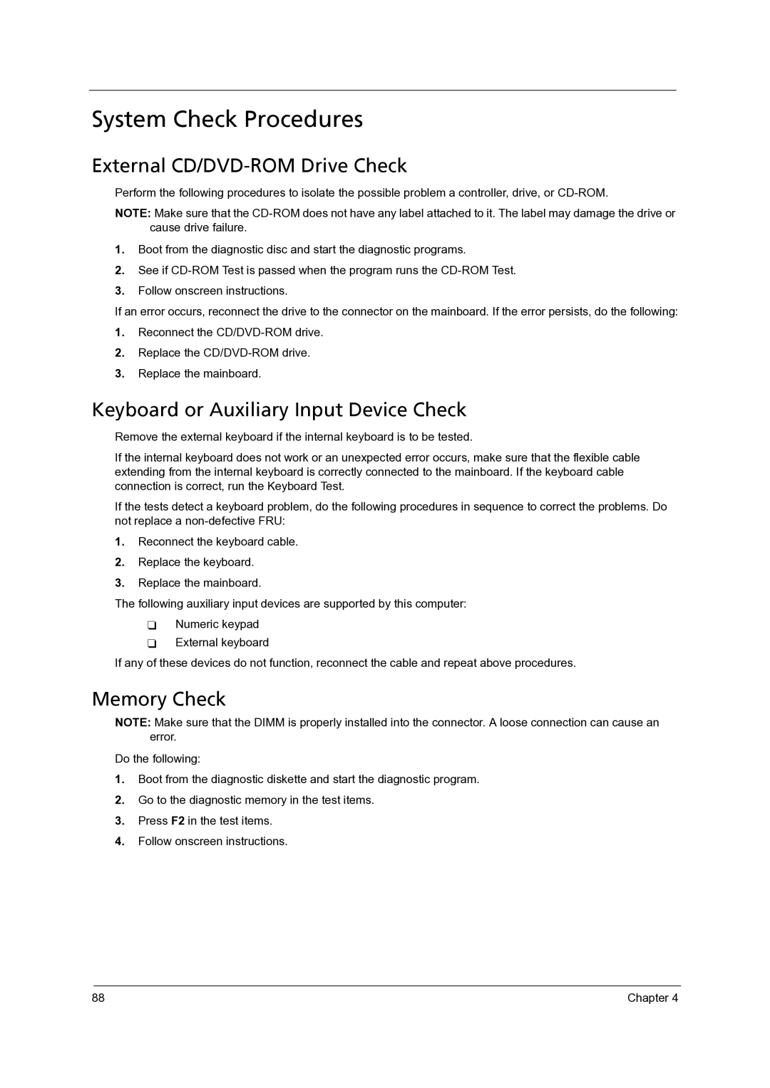 Acer 4315 System Check Procedures, External CD/DVD-ROM Drive Check, Keyboard or Auxiliary Input Device Check, Memory Check 