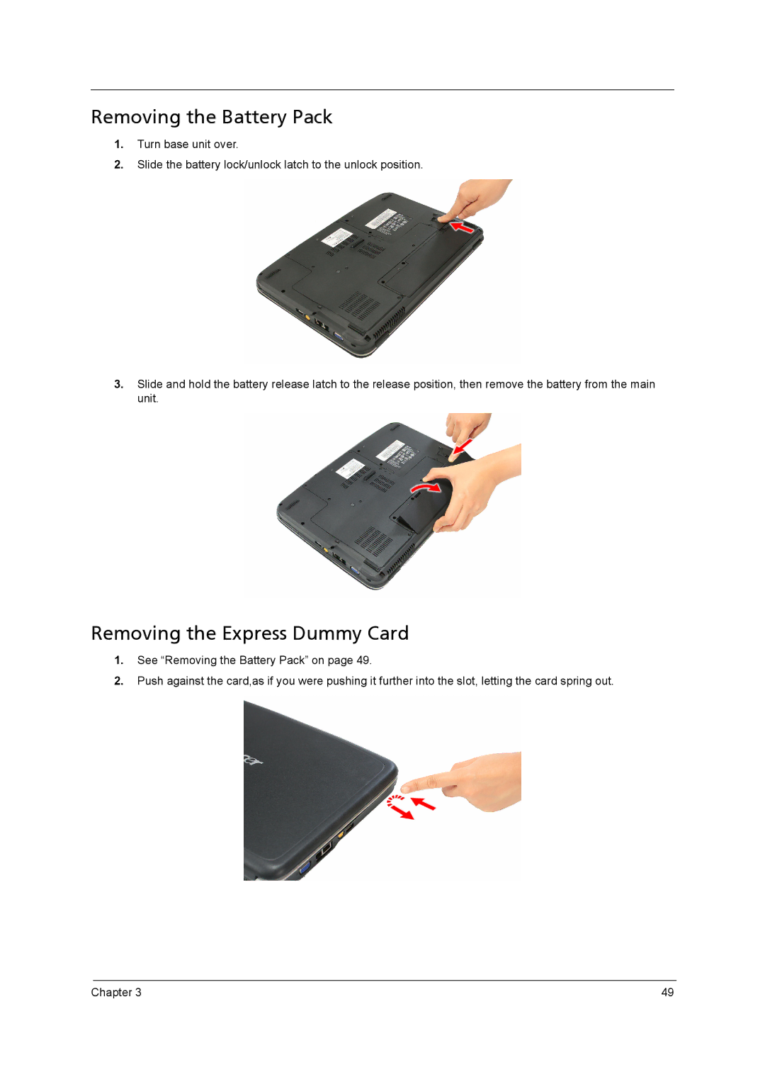 Acer 4315 manual Removing the Battery Pack, Removing the Express Dummy Card 