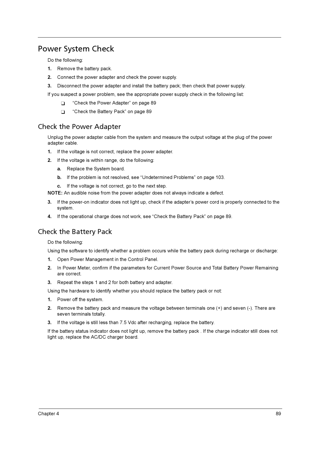 Acer 4315 manual Power System Check, Check the Power Adapter 