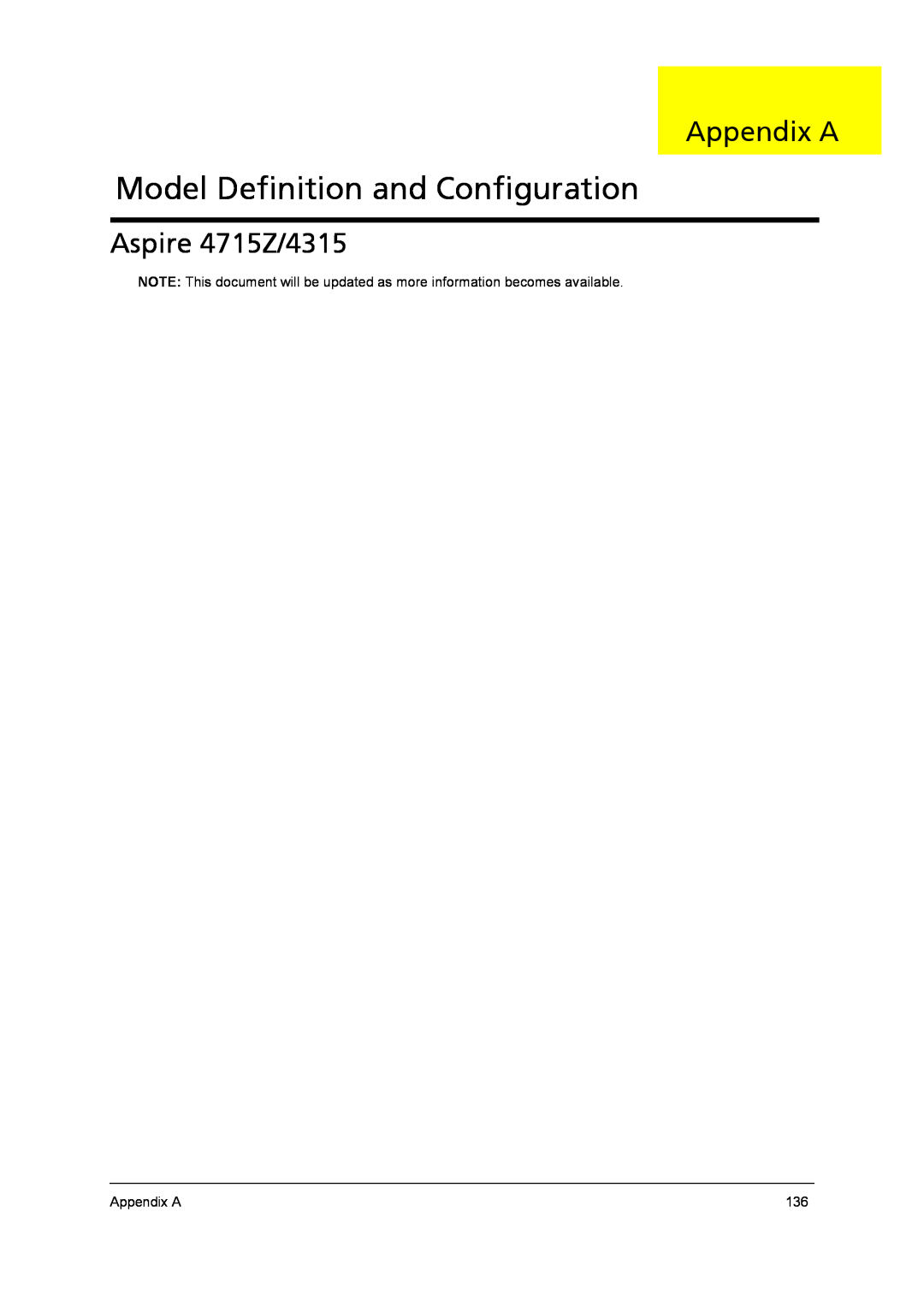 Acer manual Model Definition and Configuration, Appendix A, Aspire 4715Z/4315 