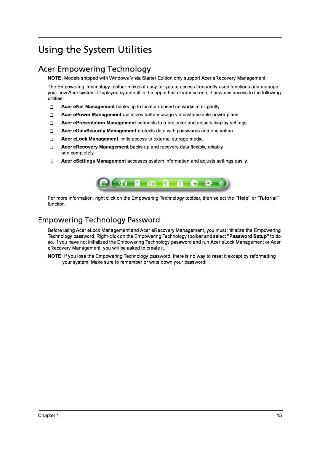 Acer 4315 manual Using the System Utilities, Acer Empowering Technology, Empowering Technology Password 