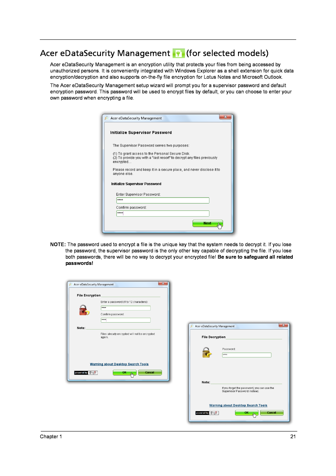 Acer 4315 manual Acer eDataSecurity Management for selected models 