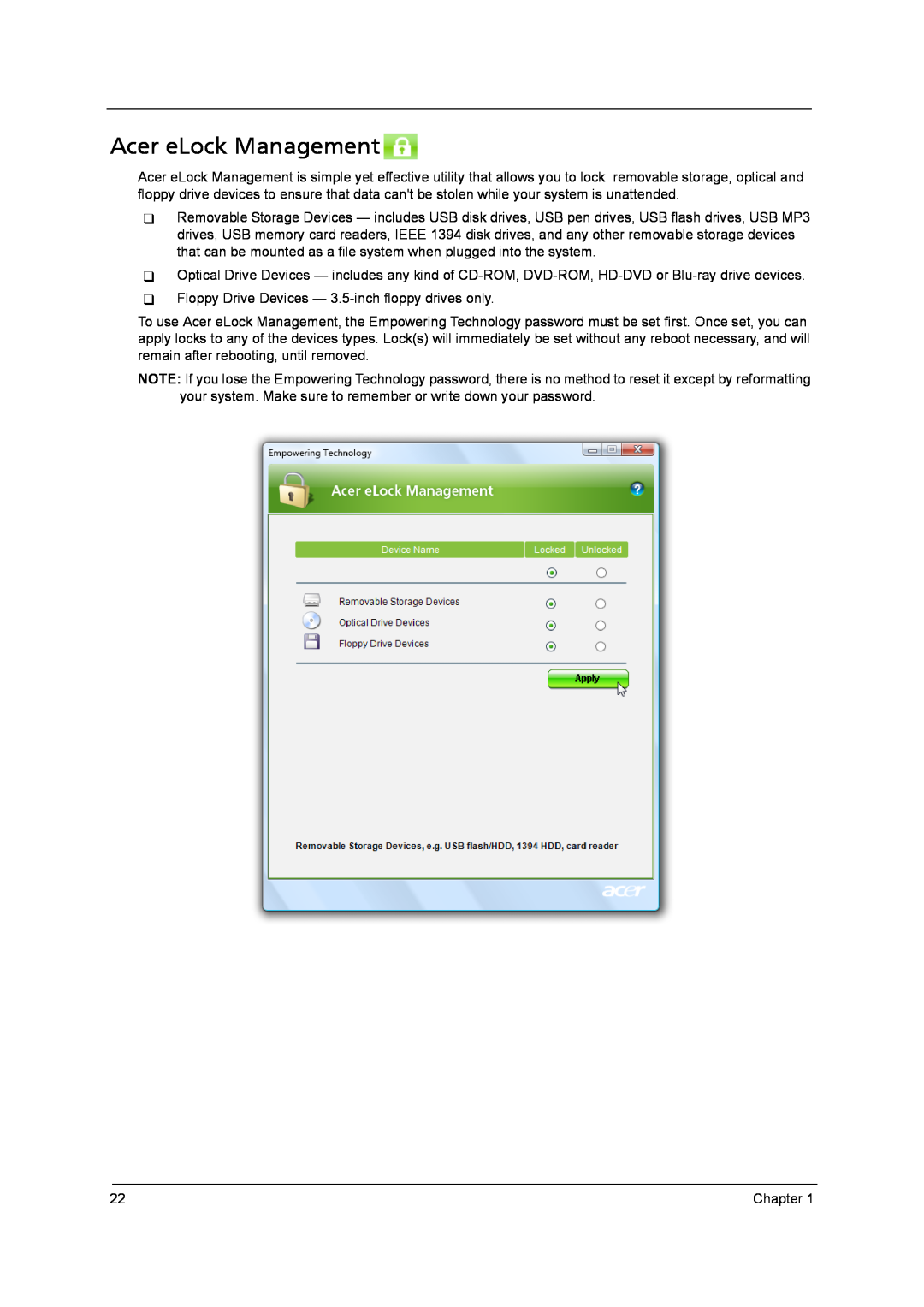 Acer 4315 manual Acer eLock Management 