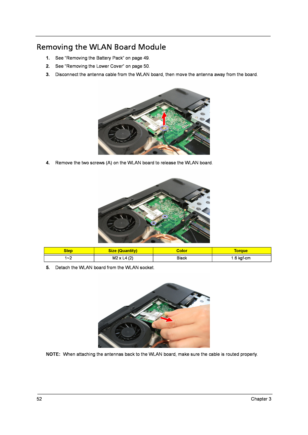 Acer 4315 manual Removing the WLAN Board Module, M2 x L4, kgf-cm 