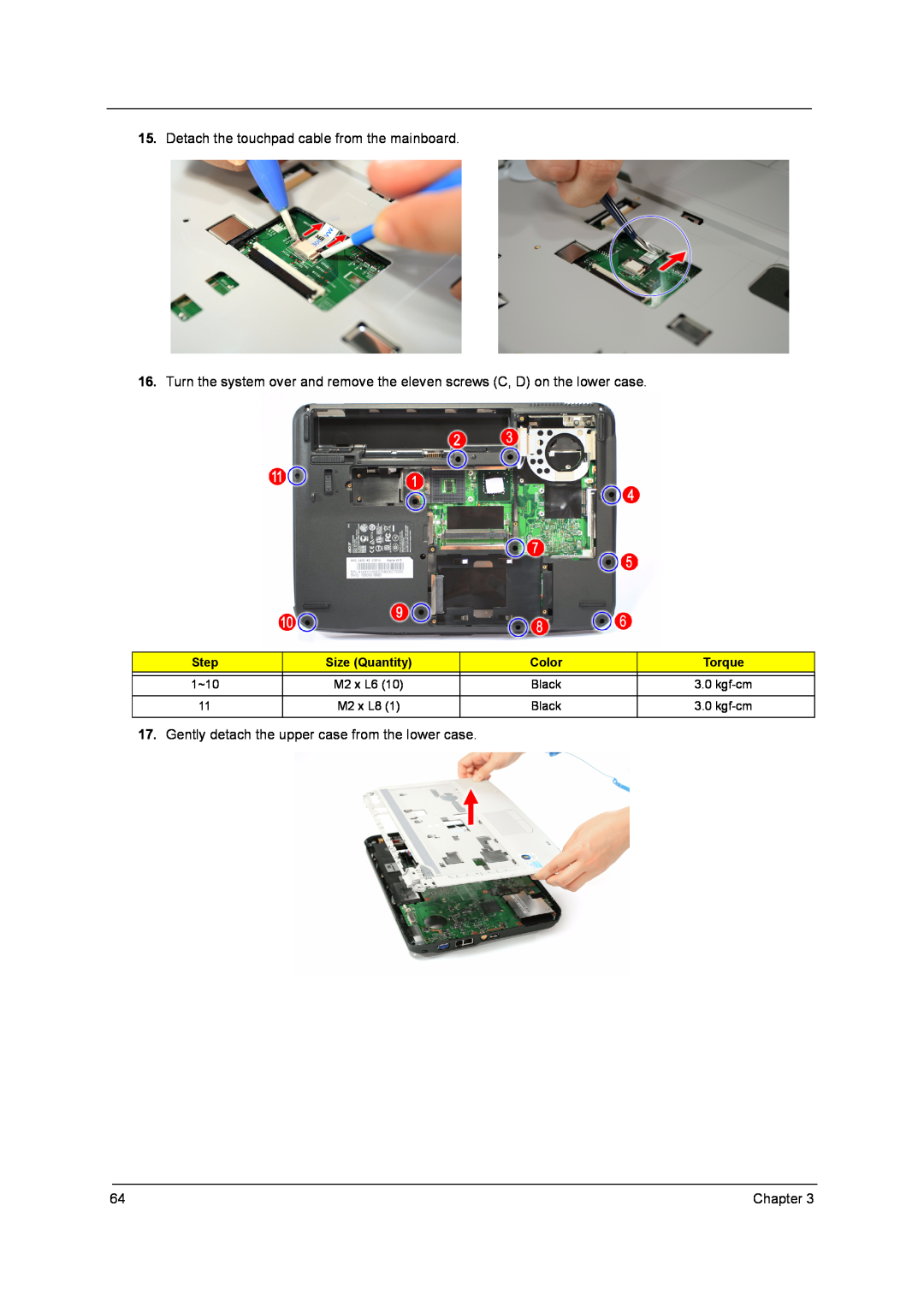 Acer 4315 manual Step, Size Quantity, Color, Torque, 1~10, Black, Chapter, M2 x L6, kgf-cm, M2 x L8 
