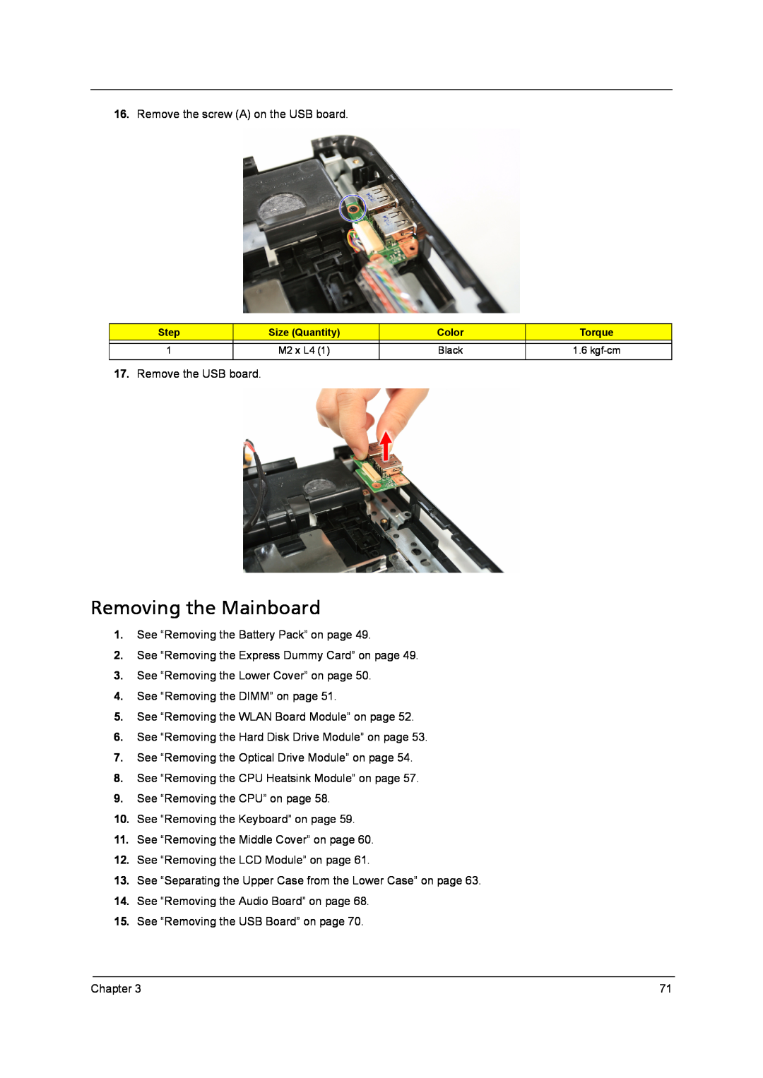 Acer 4315 manual Removing the Mainboard 