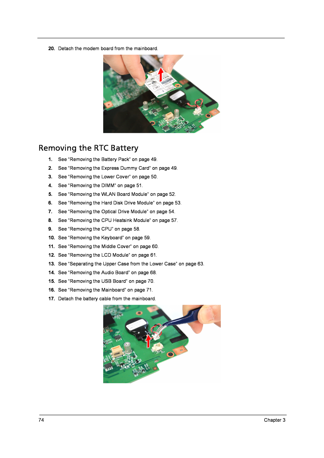 Acer 4315 manual Removing the RTC Battery 