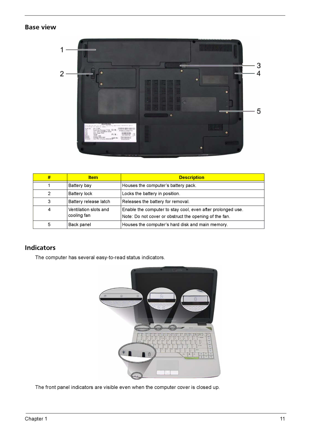 Acer 4720G, 4320, 4720Z manual Base view, Indicators 