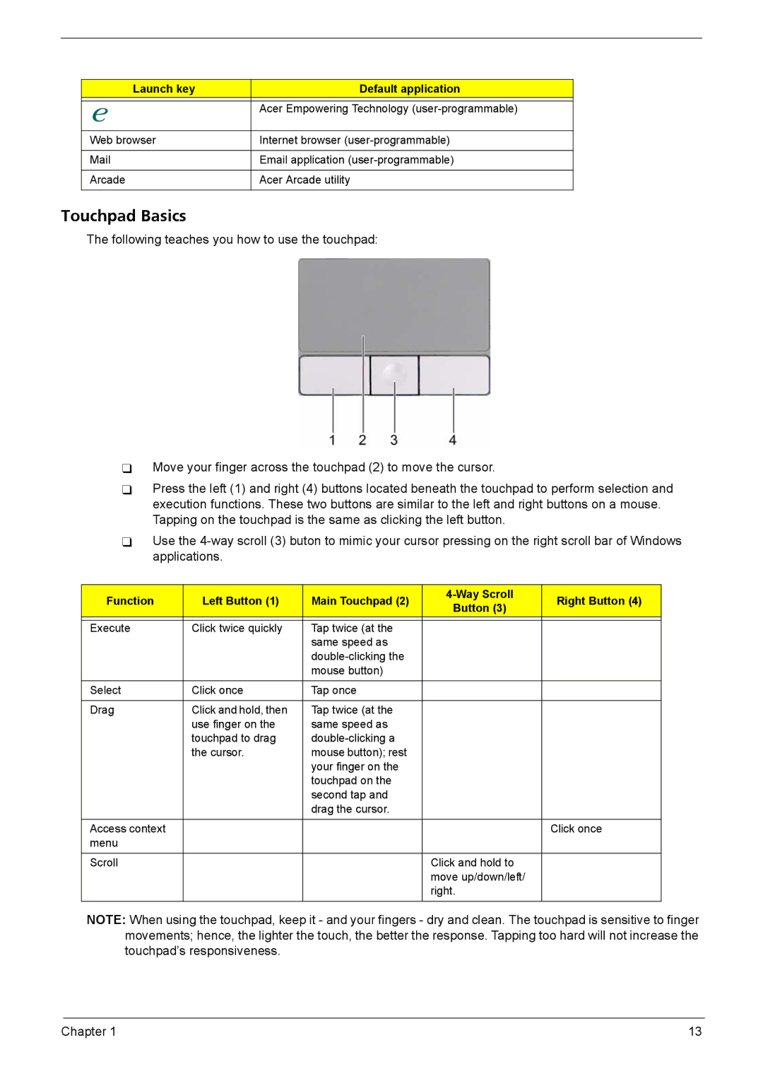 Acer 4720Z Touchpad Basics, Launch key Default application, Function Left Button Main Touchpad Way Scroll Right Button 