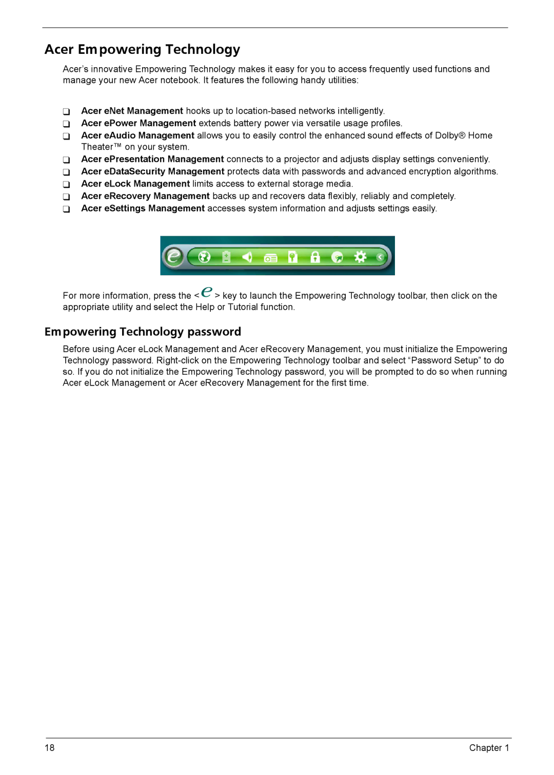 Acer 4320, 4720G, 4720Z manual Acer Empowering Technology, Empowering Technology password 